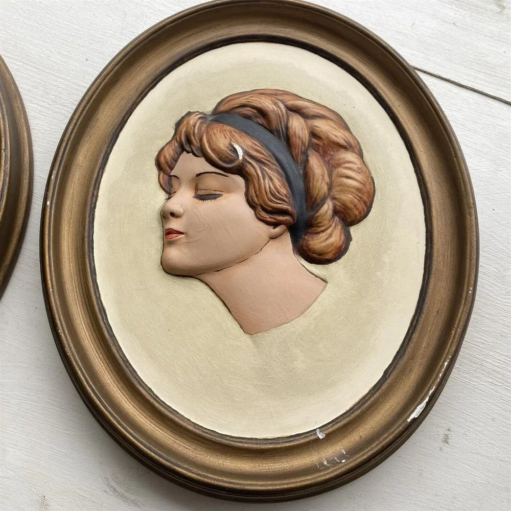 Vintage DUNCAN CERAMIC Lovely Lady Wall Plaque Erma Gilliland Set of 2 Cameo
